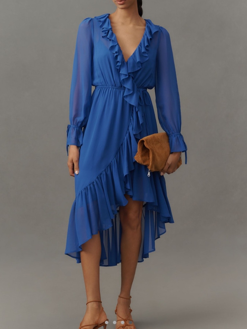 Anthropologie Long-Sleeve Ruffled Asymmetrical Midi Dress NEW Medium Blue